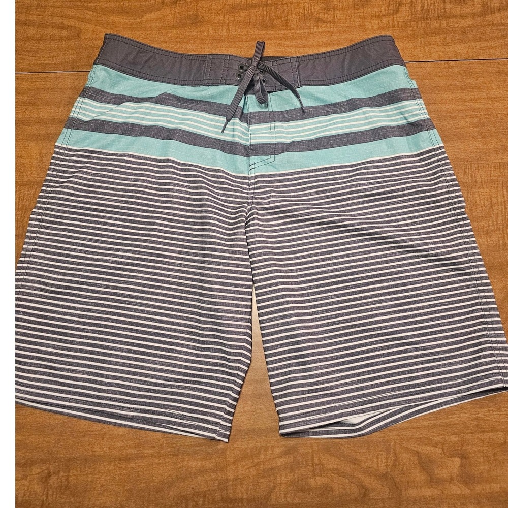 Mens Mossimo Swim Trunks Striped 38 M Teal & Gray pockets tie close H19